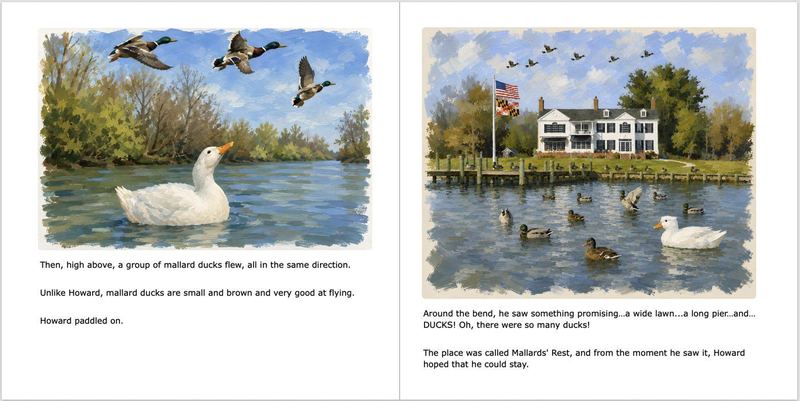 Spread from Birds of a Feather: Howard watches a duckling hatch alone in the nest